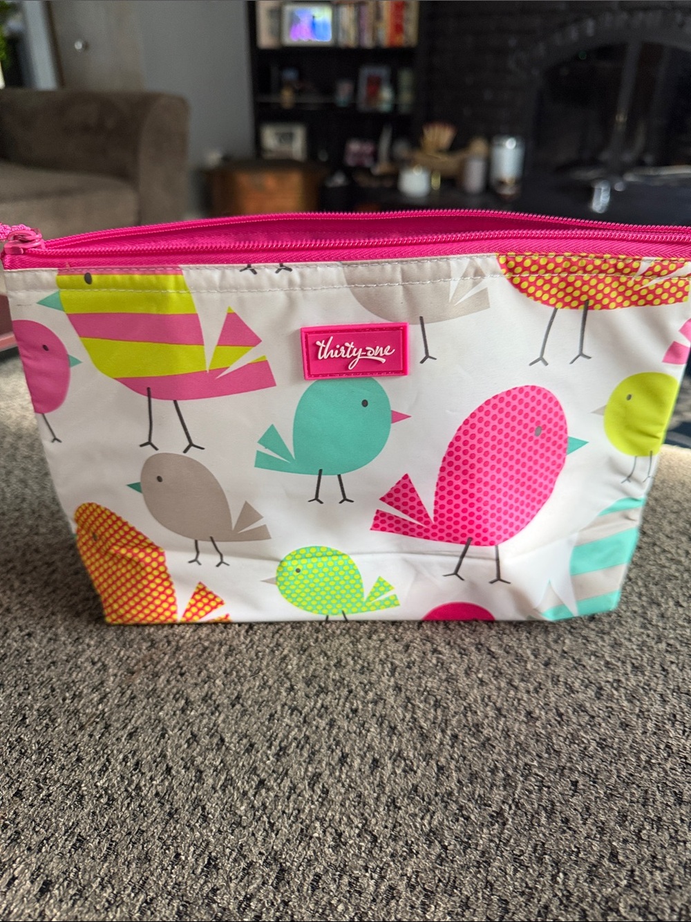 Thirty-One Pink Bird Print Kids Zipper Pouch insulated Tweethearts